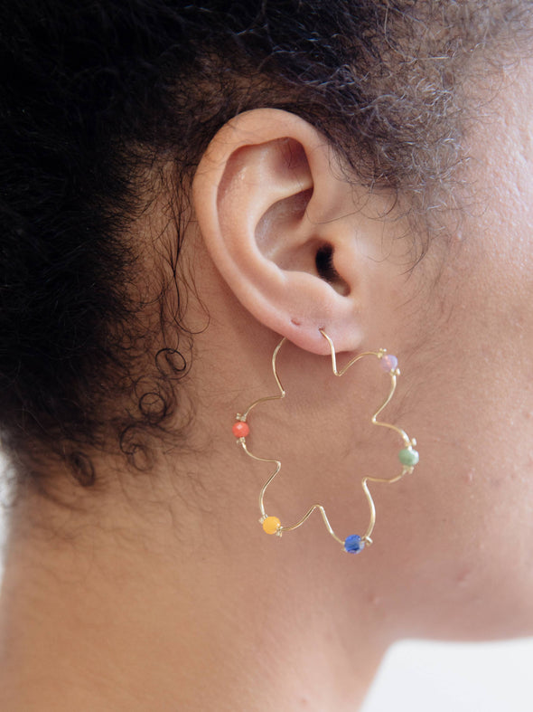 Beaded Flower Hoop Earrings Multi