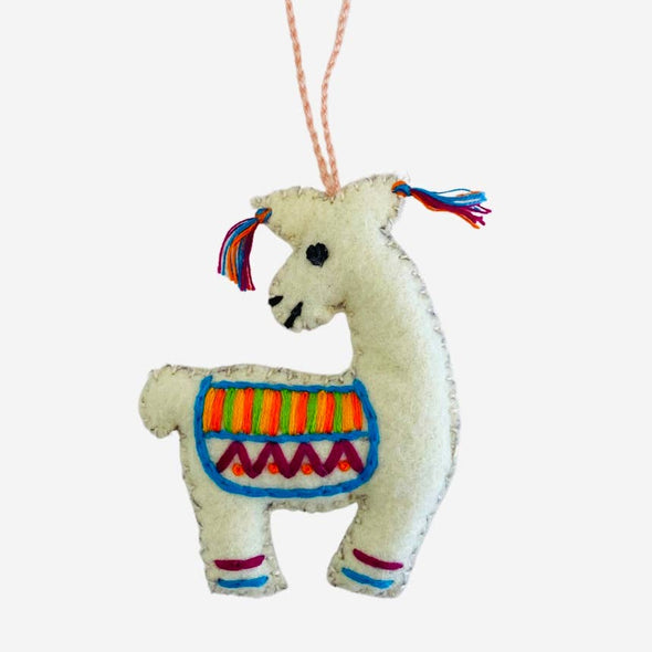 Llama Felted Embroidered Holiday Wool Ornament - Mexico