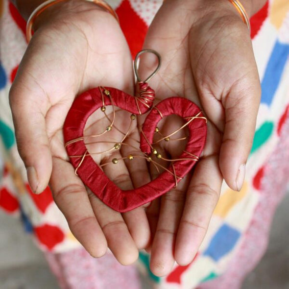 Heart Ornament with Sari Yarn and Beads