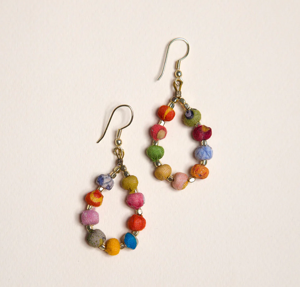 Up-cycled Textile Beaded Teardrop Earrings