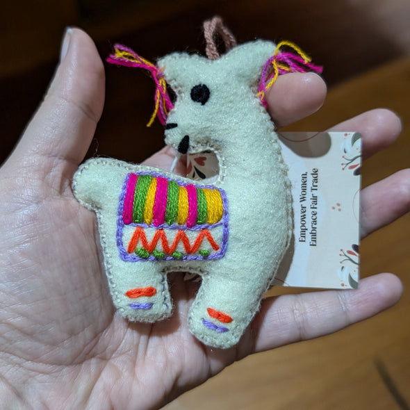 Llama Felted Embroidered Holiday Wool Ornament - Mexico