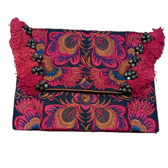 Repurposed Pom Poms and Bells Vintage Hmong Clutch - Thailand