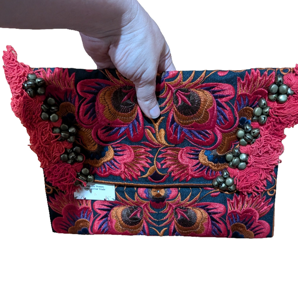 Repurposed Pom Poms and Bells Vintage Hmong Clutch - Thailand