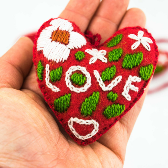 Love Heart Embroidered Holiday Ornament - Mexico