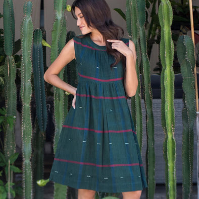 Baby Doll Frock - 100% Handloomed - Green with Blue & Green