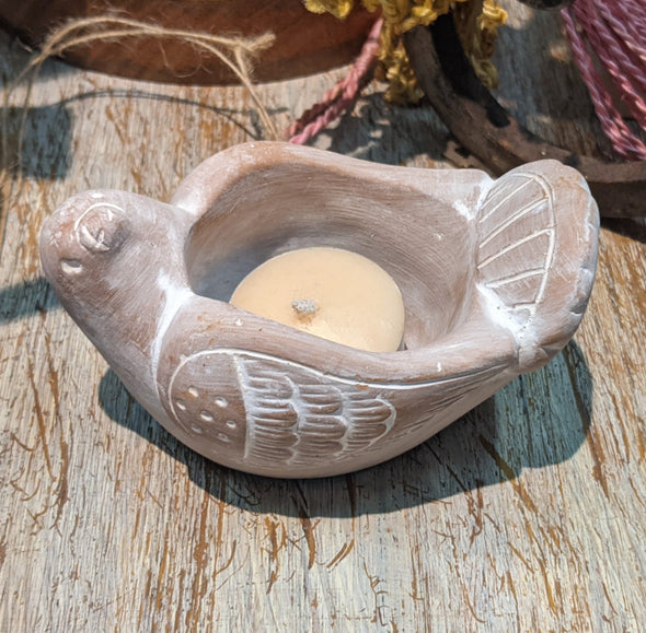 Bird White Washed Terracotta Tea Light Holder