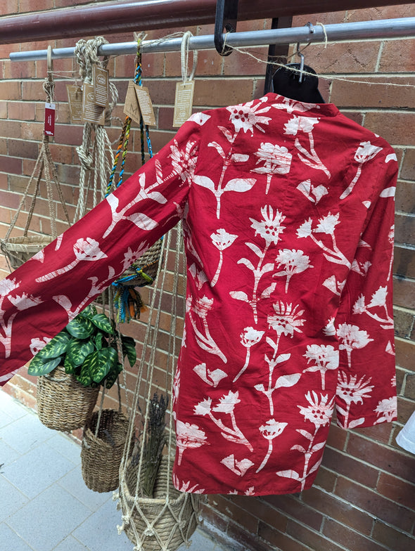 Long Sleeves Traveler Tunic- Red or Black Flower - Organic Cotton