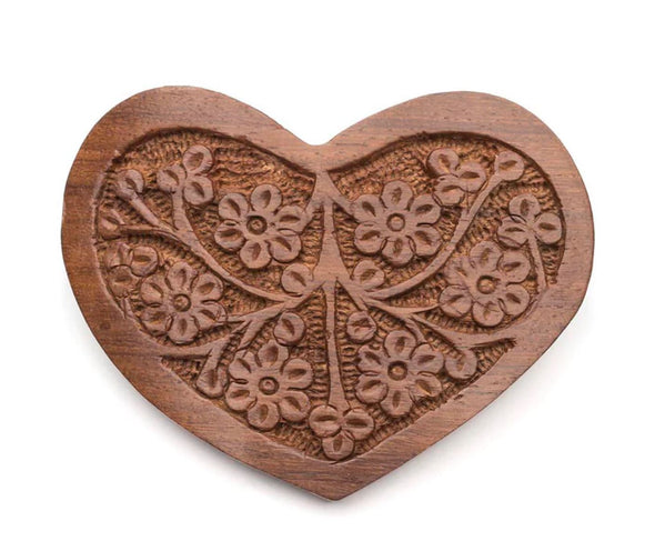 Hand Carved Timber Heart Barrette - Floral